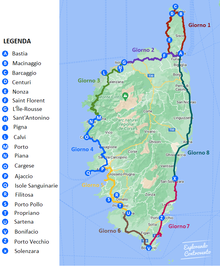 Mappa tour Corsica vespa coast to coast itinerario
